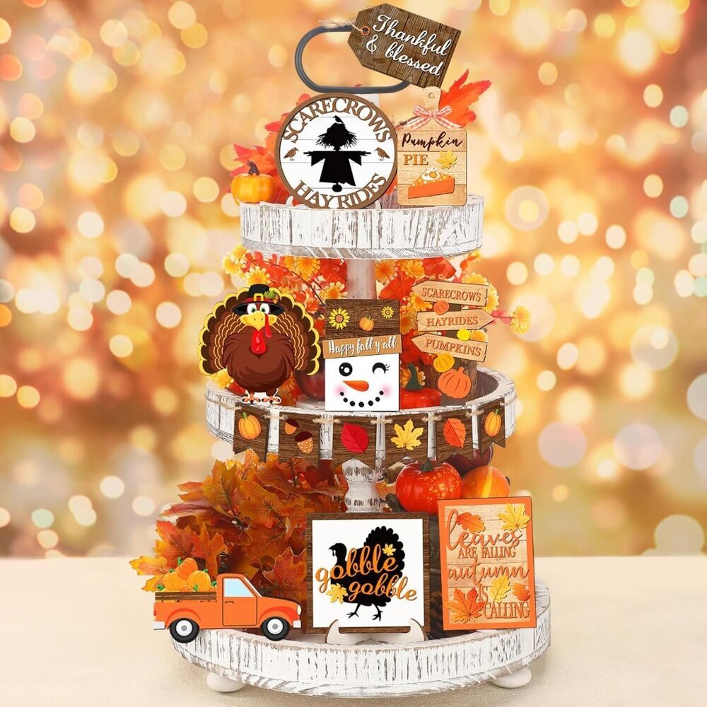 15 Pcs Fall Tiered Tray Decor Set Thanksgiving Fall Pumpkin Home Decorations Rus